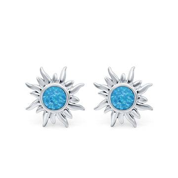 Sun Stud Earrings Lab Created Blue Opal 925 Sterling Silver (6.26mm)